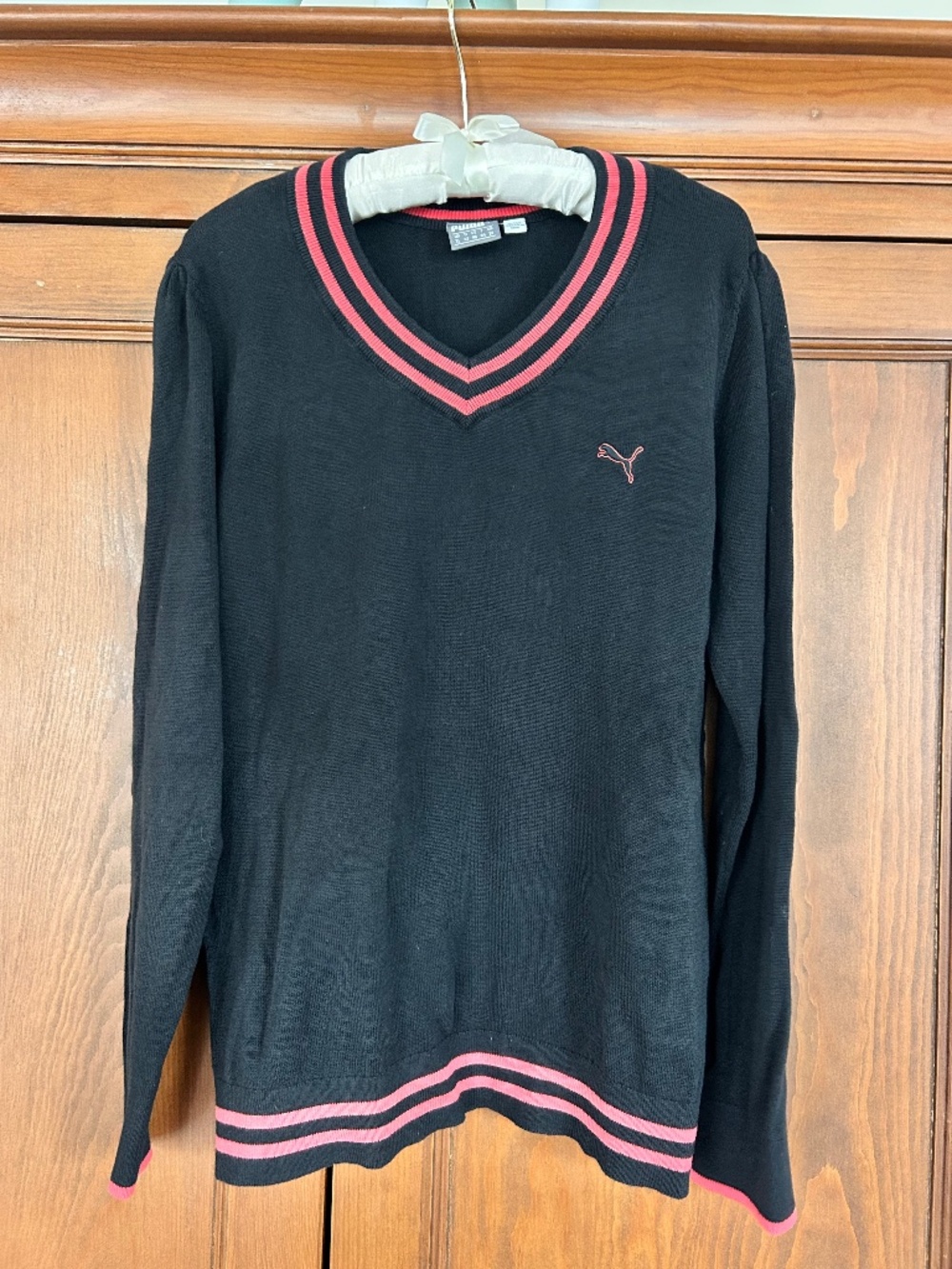 Puma V-Neck Varsity Striped Knit Sweater Black / Red